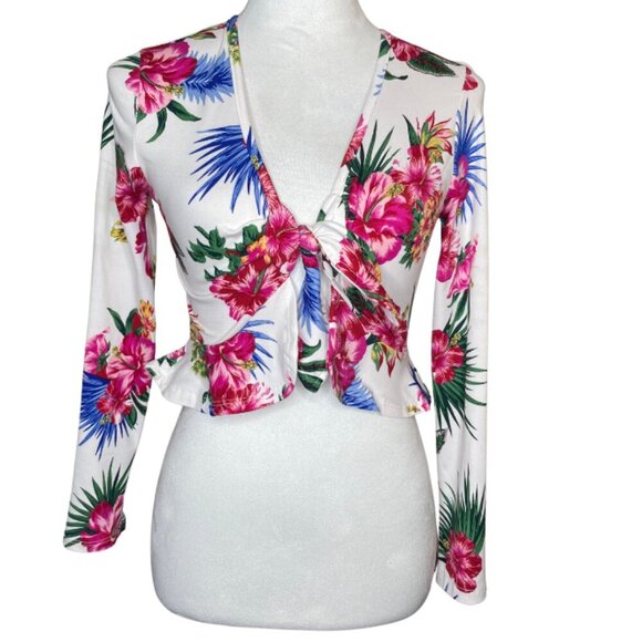 Hot Kiss Tops - Hot Kiss Women's White Floral Long Sleeve Tie Knot Crop Peplum Top Blouse Small